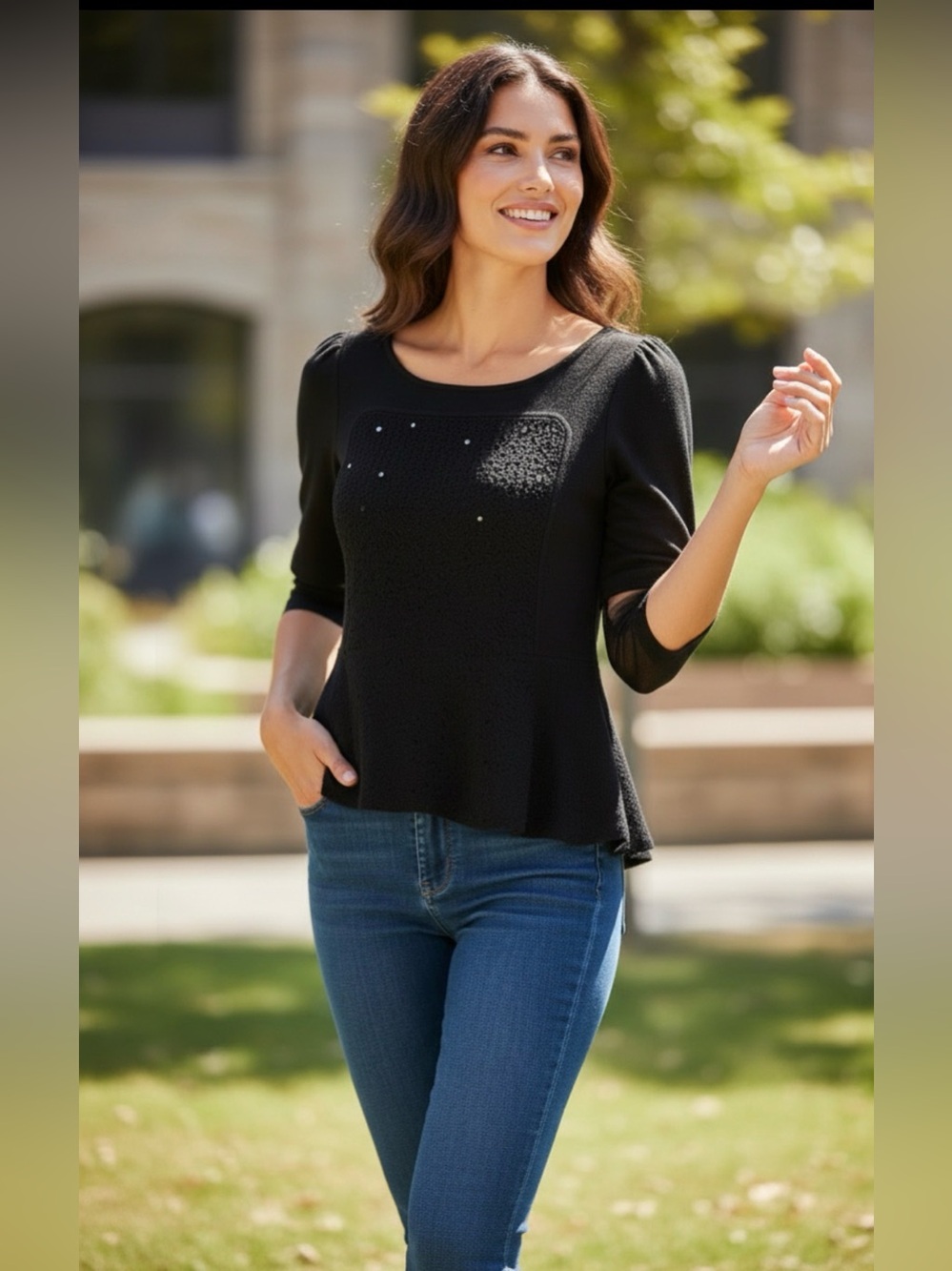 Deletta Women's Medium Black Sequin Top Keyhole Peplum Short‎ Sleeve Coquette